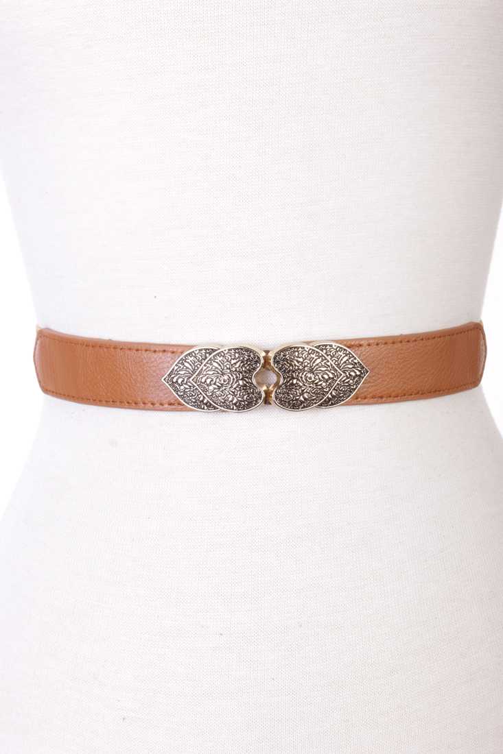 Brown Faux Leather Heart Intricate Design Elastic-band Waist Belt
