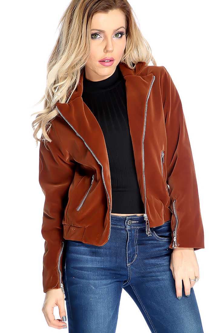 Brown Faux Suede Zipper Accent Jacket
