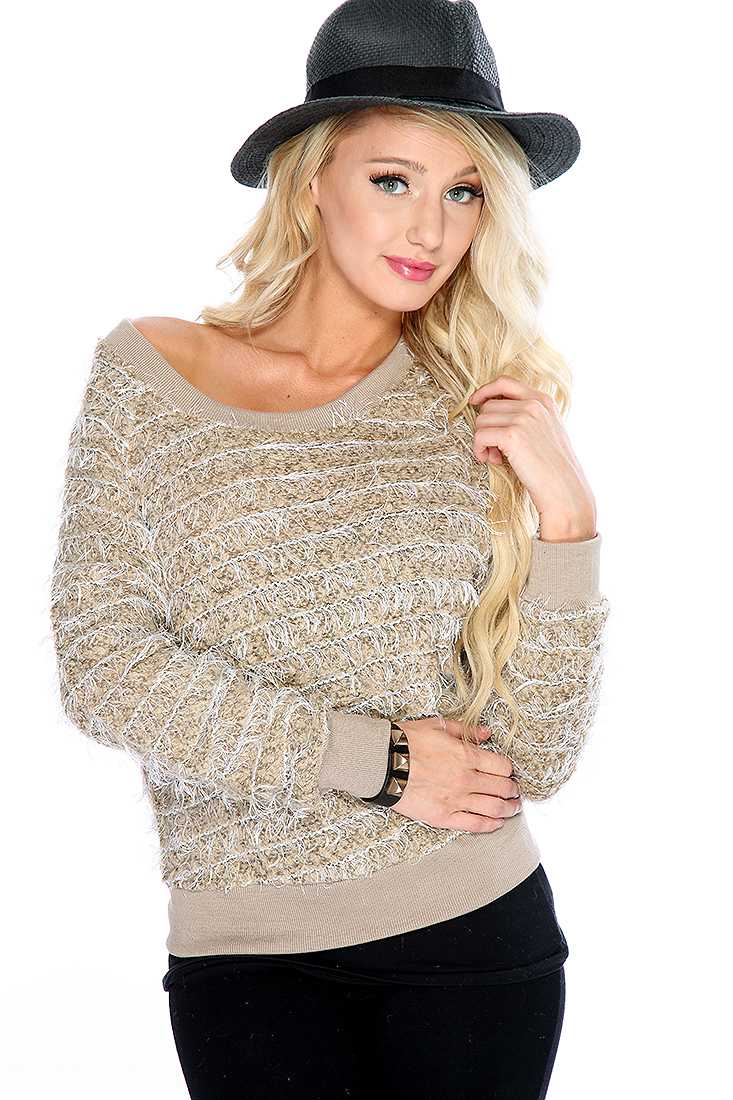 Mocha Long Sleeve Stripe Mohair Pattern Casual Sweater