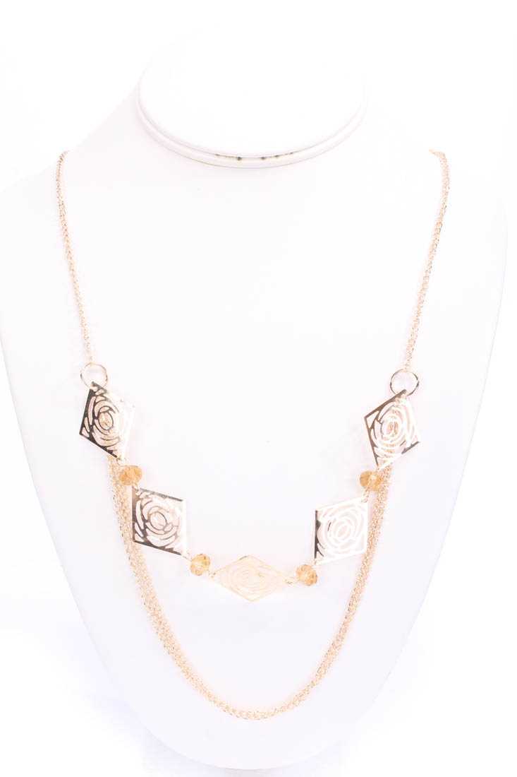 Gold High Polish Metal Layered Beaded Charm Necklace