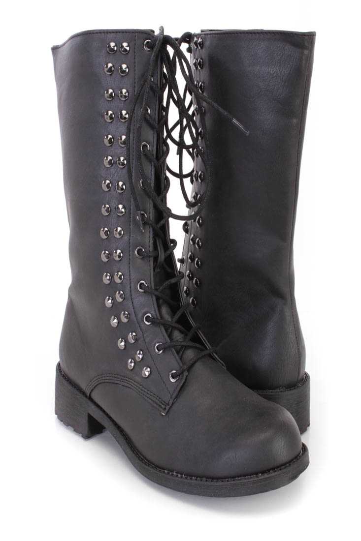 Black Lace Up Studded Mid Calf Boots Faux Leater