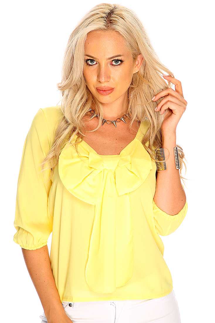 Yellow Bow Accent Quarter Sleeve Cute Top