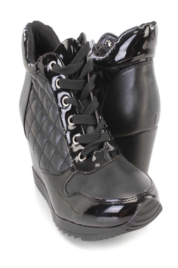 Black Quilted Lace Up Sneaker Wedges Faux Leather