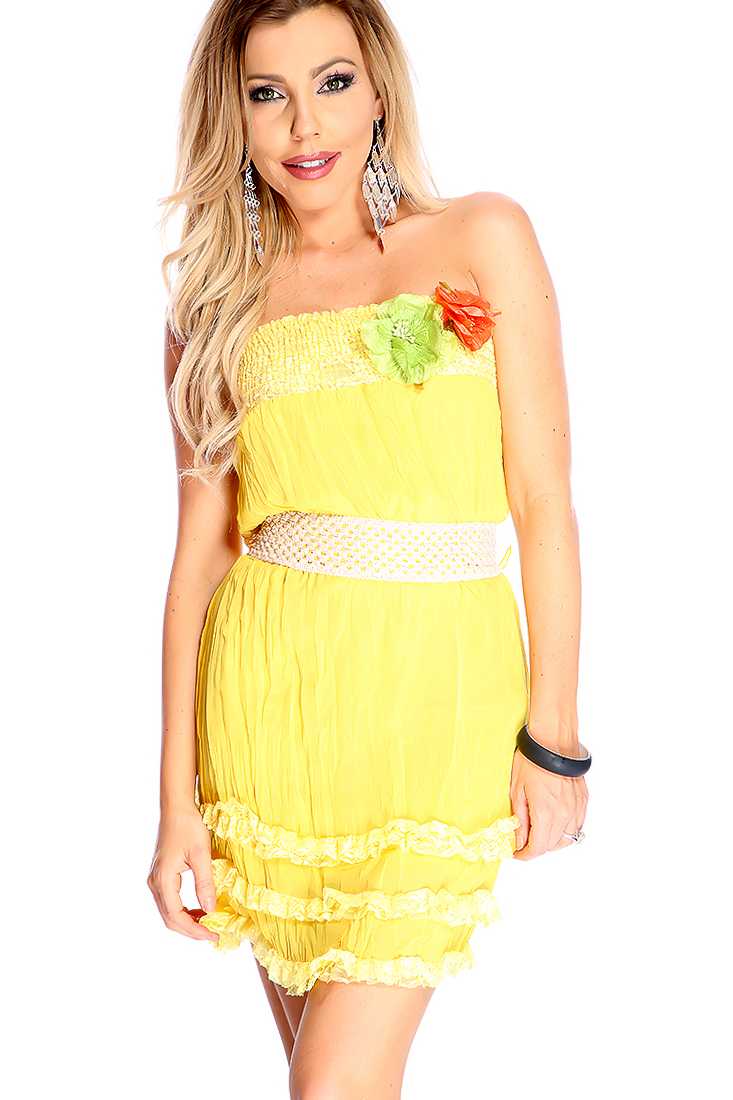 Sexy Yellow Strapless Lace Trim Belted Strapless Dress