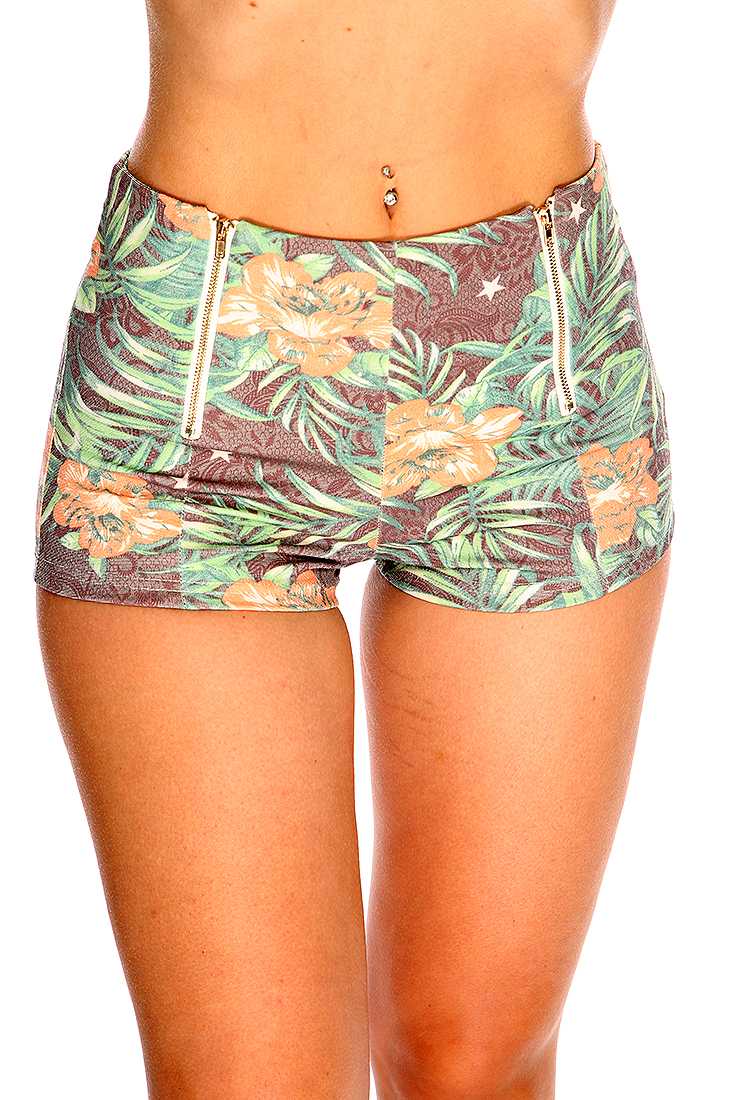 Orange Brown Floral Print High Waist Stylish Shorts