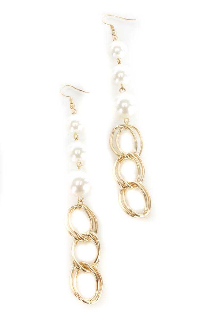 Gold Faux Pearl Beaded Chain Link Earrings