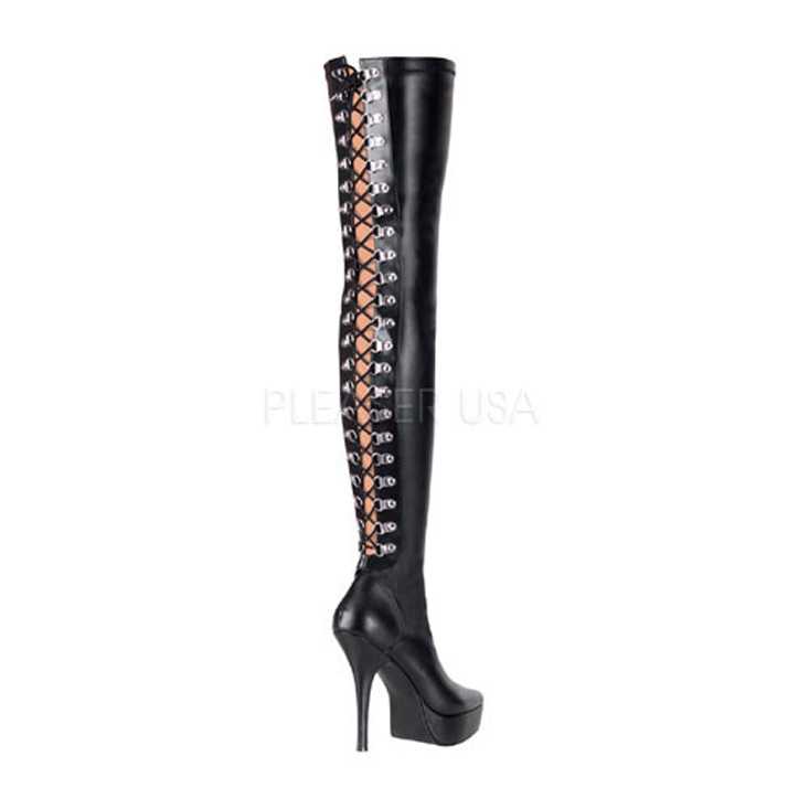 Black Thigh High Corset Back Boots Faux Leather