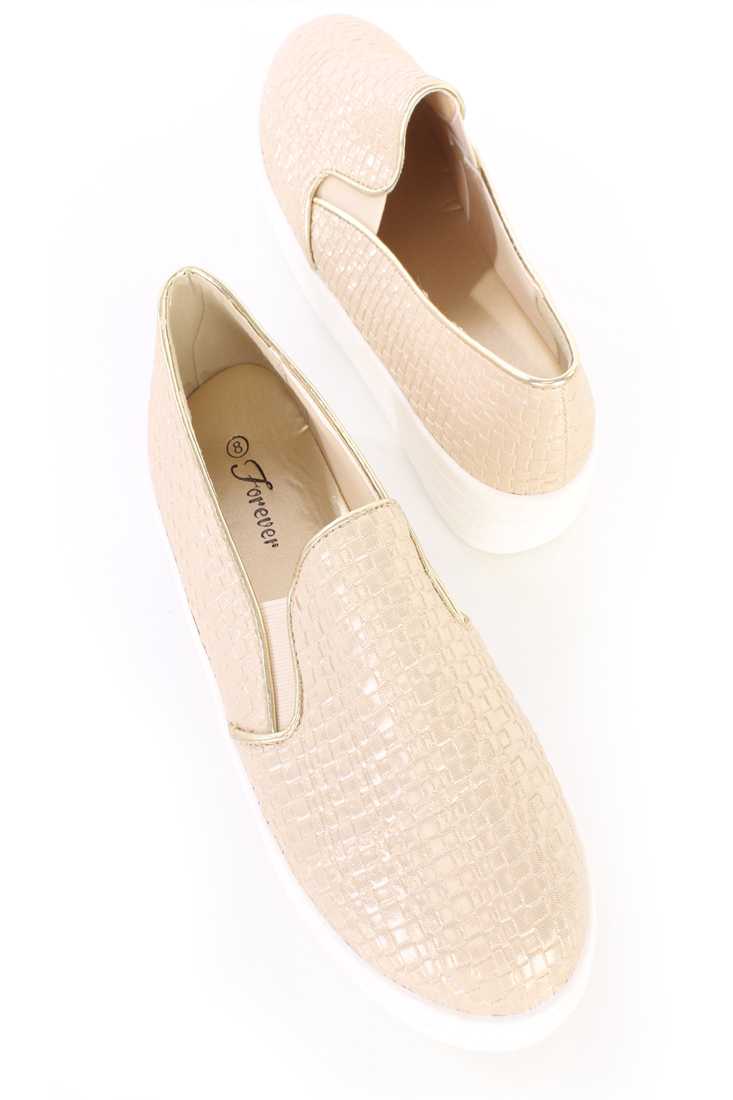 Champagne Woven Texture Loafer Fltaforms Faux Leather