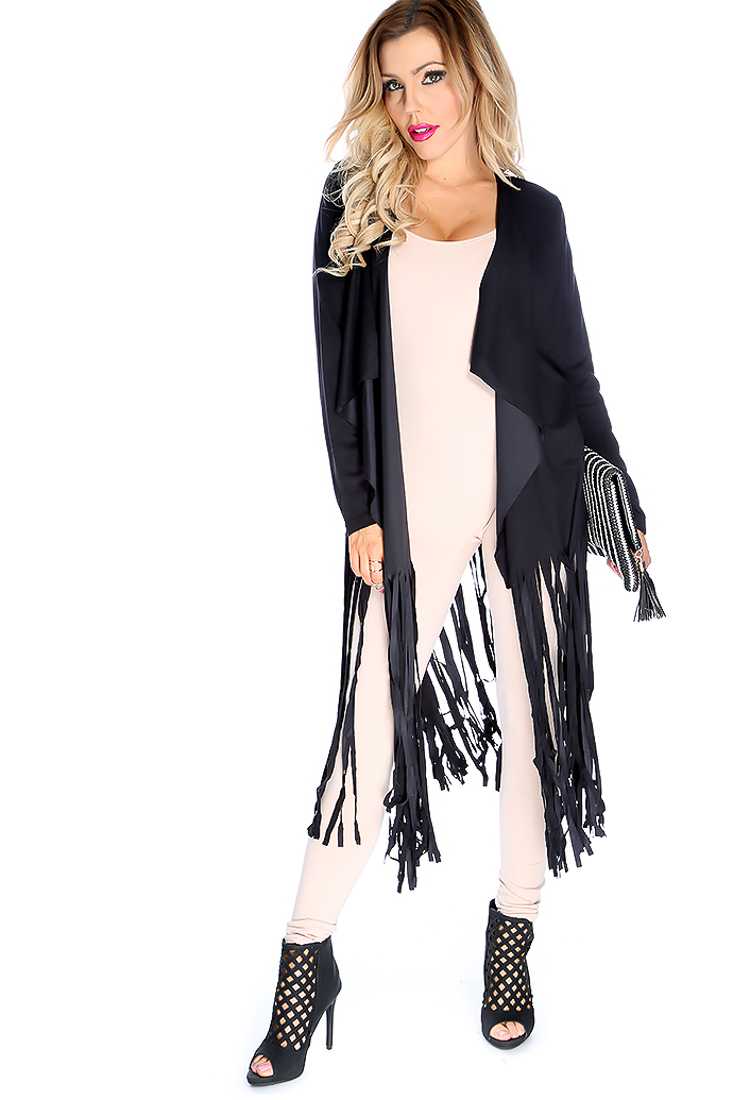 Stylish Black Long Sleeve Fringe Hem Cardigan