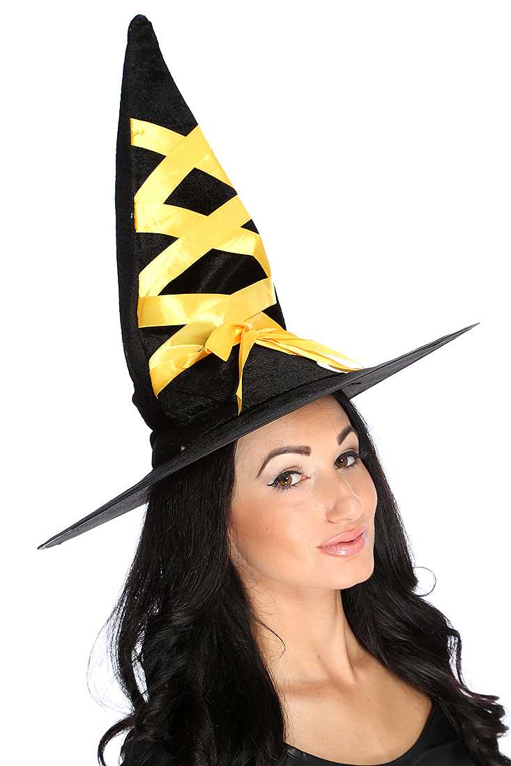 Black Yellow Lace Up Detail Velour Witch Hat