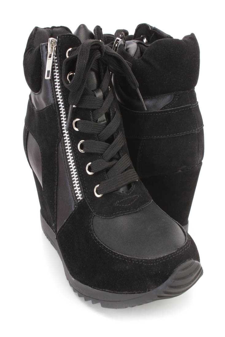Black Lace Up Sneaker Wedges Faux Suede Leather