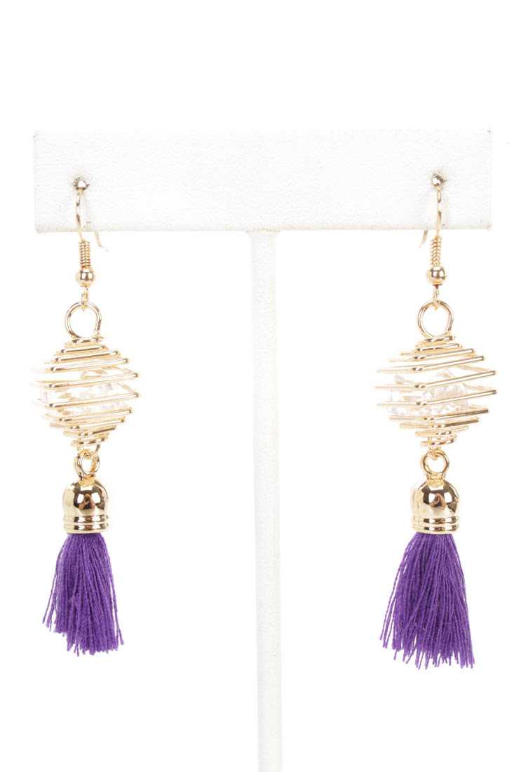 Purple Gold Cage and Tassel Detailed High Polish Earrings