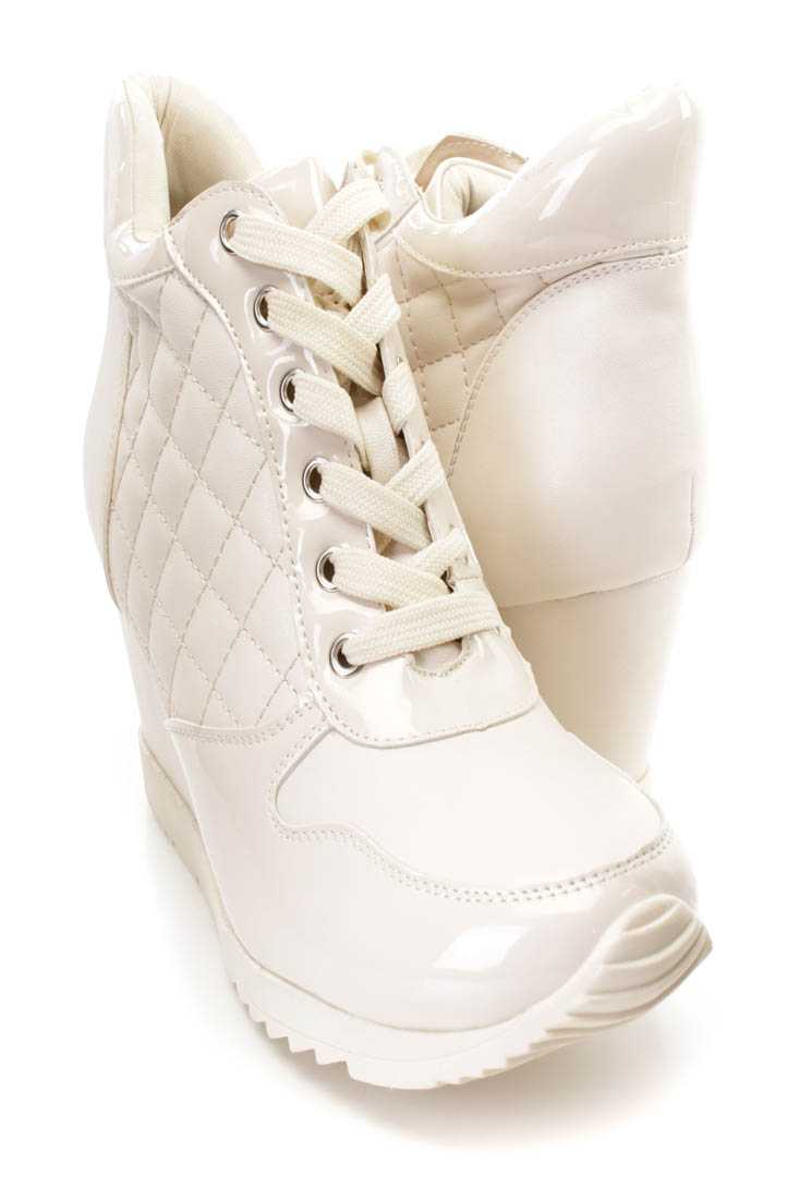 Beige Quilted Lace Up Sneaker Wedges Faux Leather