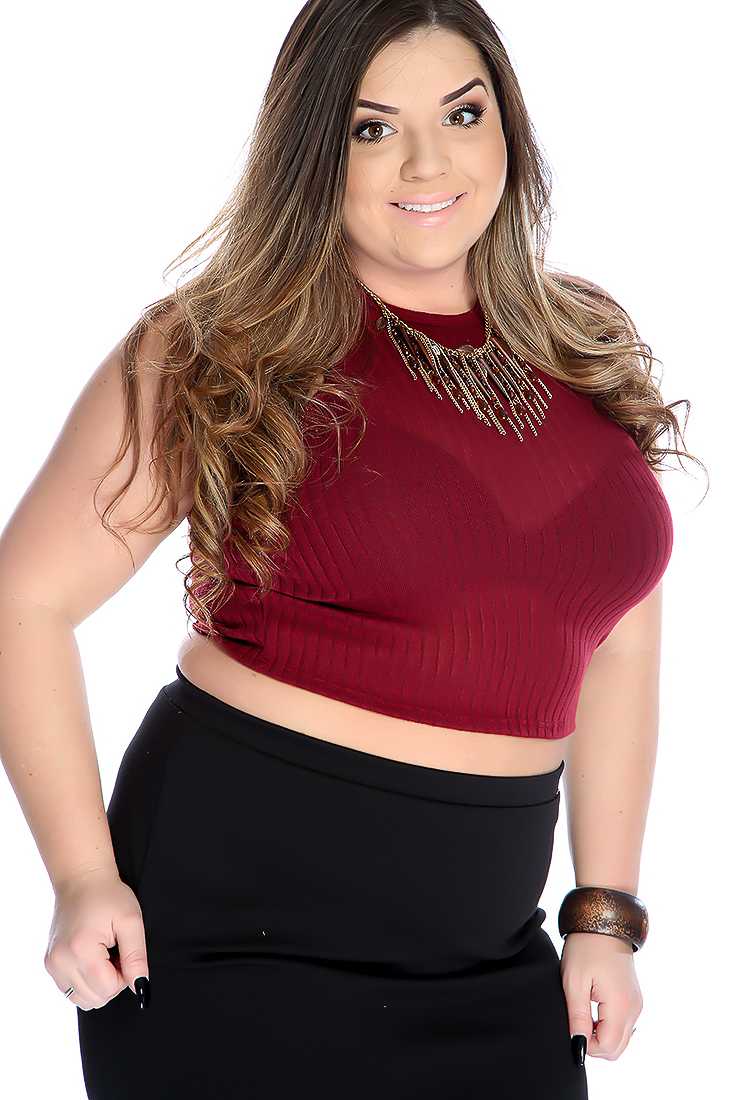 Burgundy Ribbed Sleeveless Plus Size Crop Top