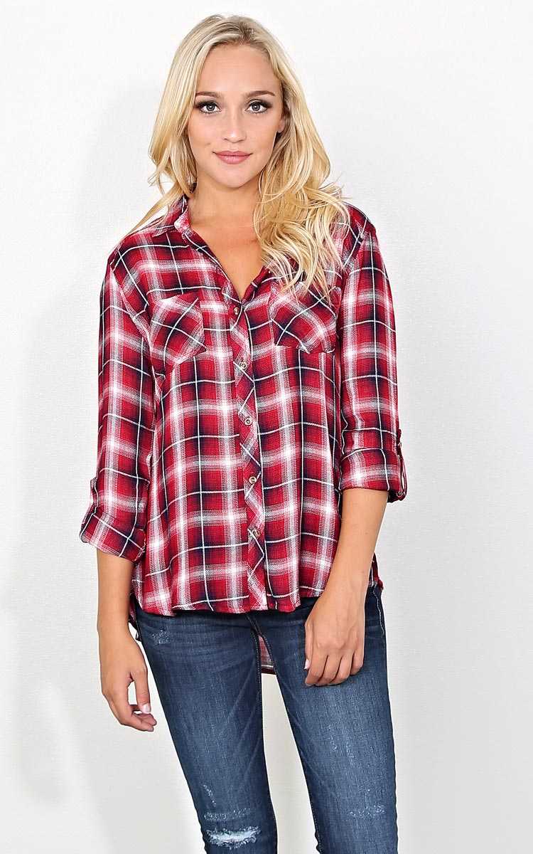 Avery Draped Woven Plaid Top - MED - Red Combo in Size Medium by Styles For Less