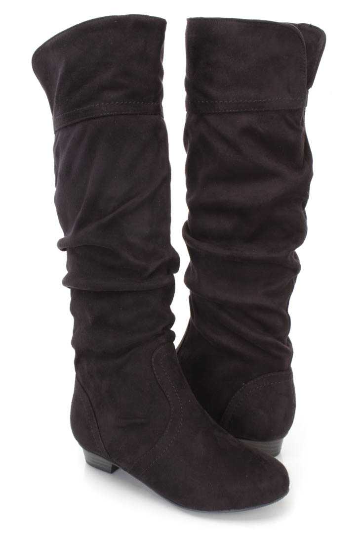 Black Slouchy Casual Flat Boots Faux Suede