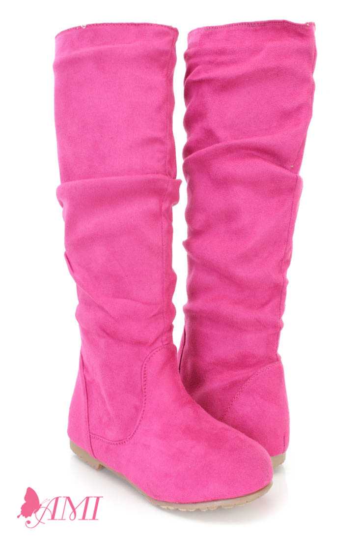 Neon Pink Slouchy Mid Calf Casual Boots Faux Suede