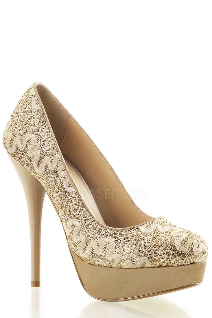 Gold Crochet Lace Platform Pump High Heels Glitter
