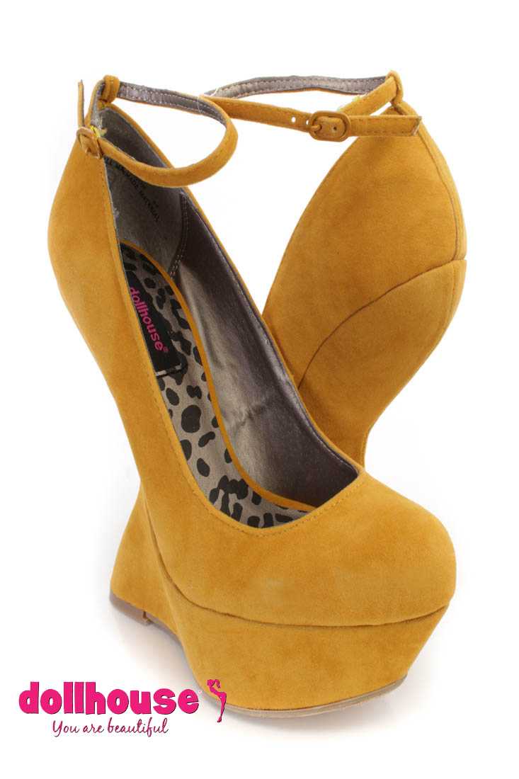 Mustard Ankle Strap Platform Curved Wedges Faux Suede