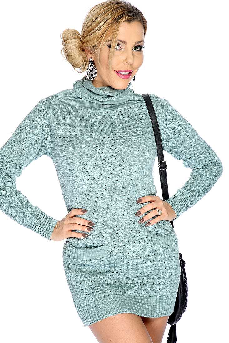 Sage Long Sleeve Open Knit Cowl Neck Causal Sweater