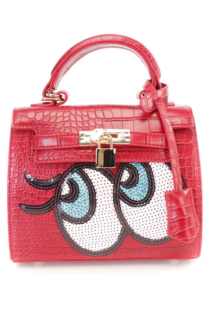 Wine Faux Croc Skin Sequin Eyes Patch Handbag
