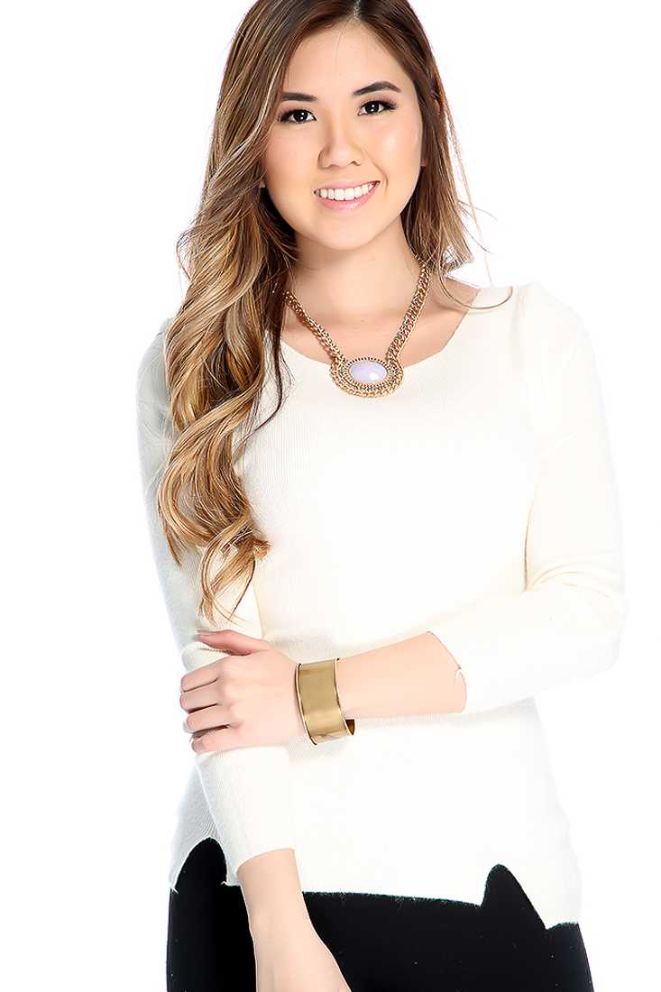 White Quarter Sleeve Cut Out Hem Casual Top