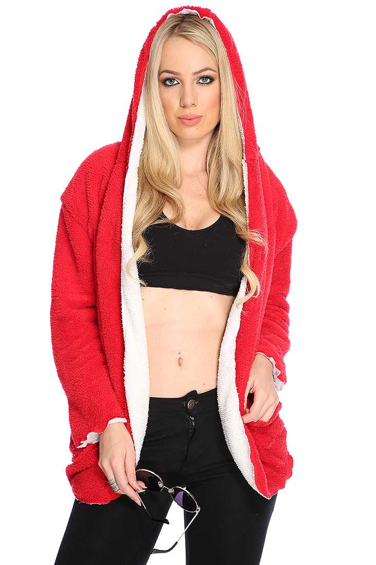 Red Open Front Hooded Sweater