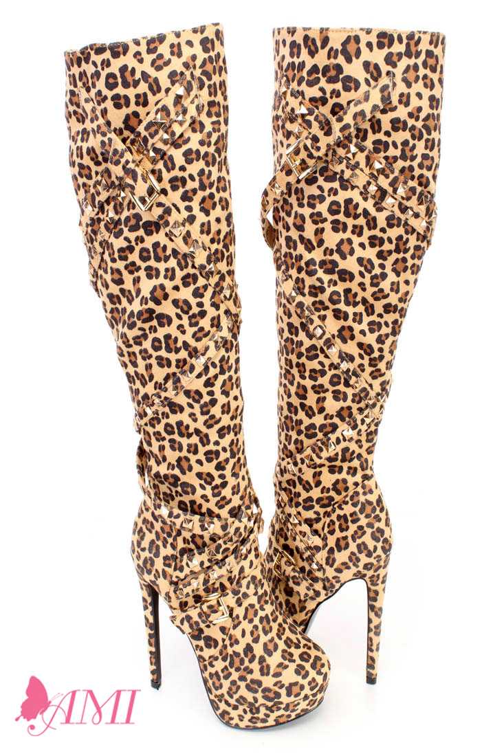 Leopard Studded Strappy High Heel Boots Faux Suede