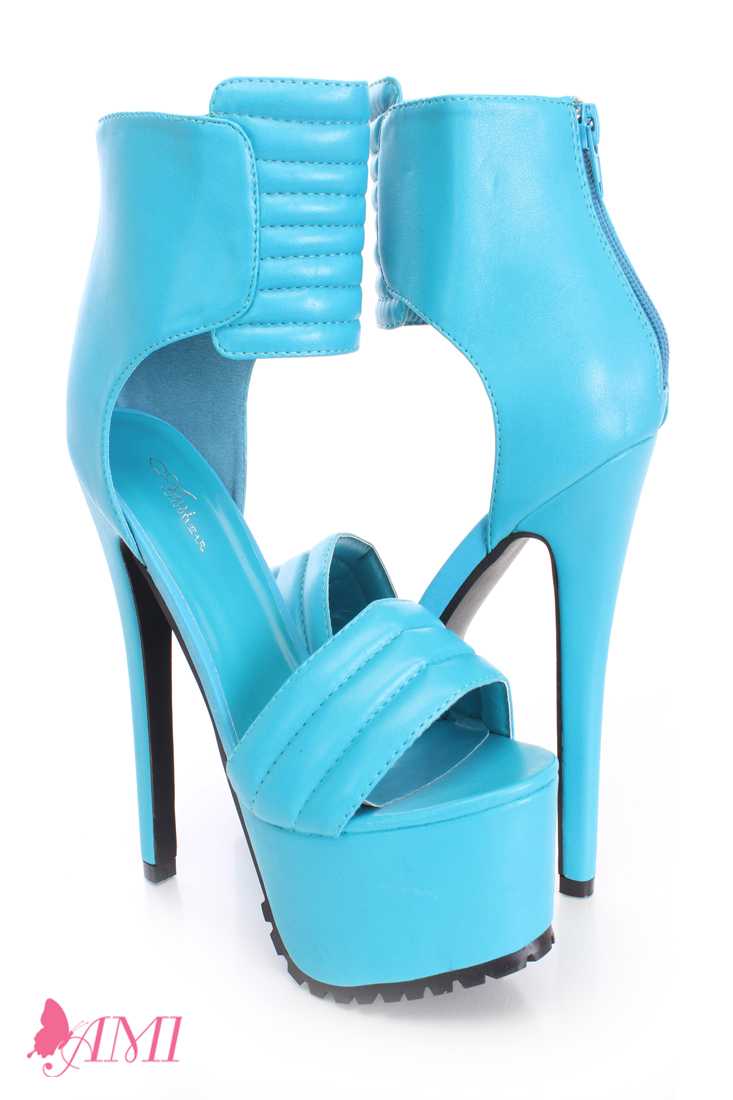 Neon Blue Strap Platform High Heels Faux Leather