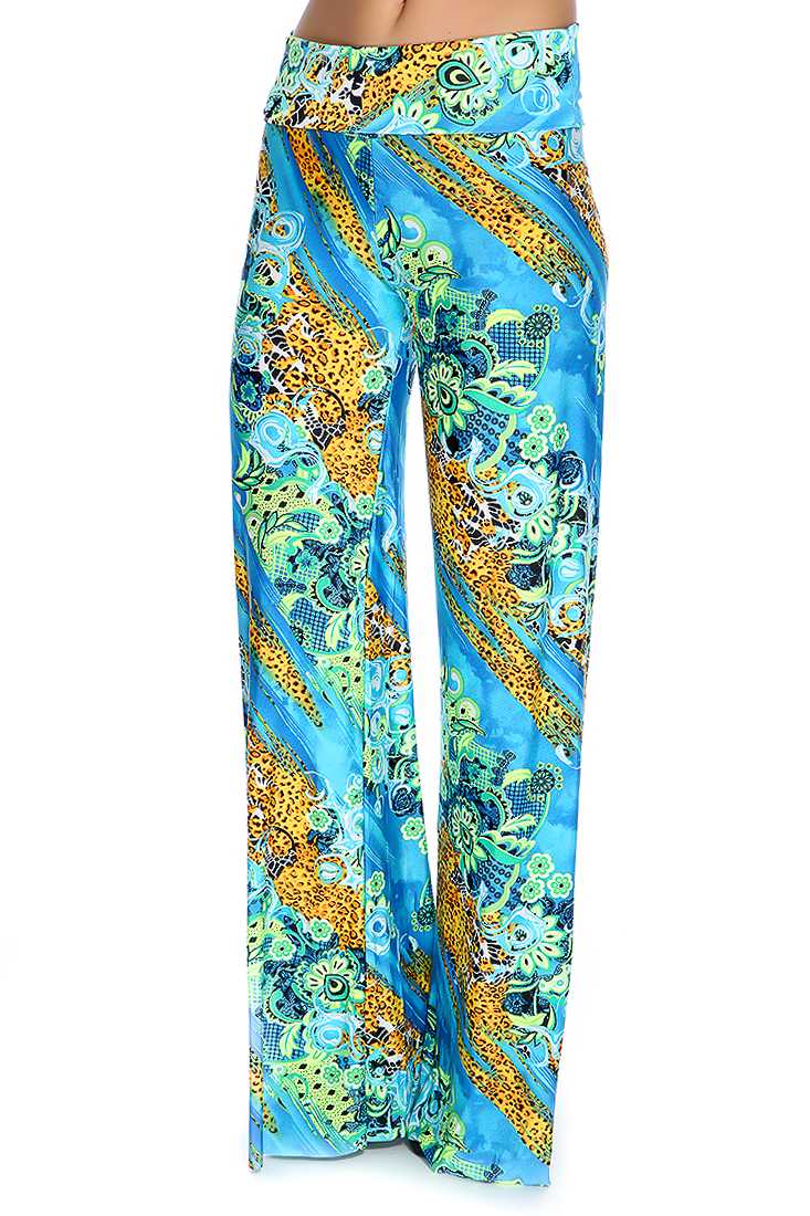 Neon Lime Blue Variety Print Wide Leg Cute Casual Pants
