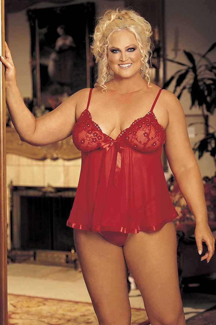 Red Sheer Sequin Embroidery Sexy 2 Piece Plus Size Babydoll