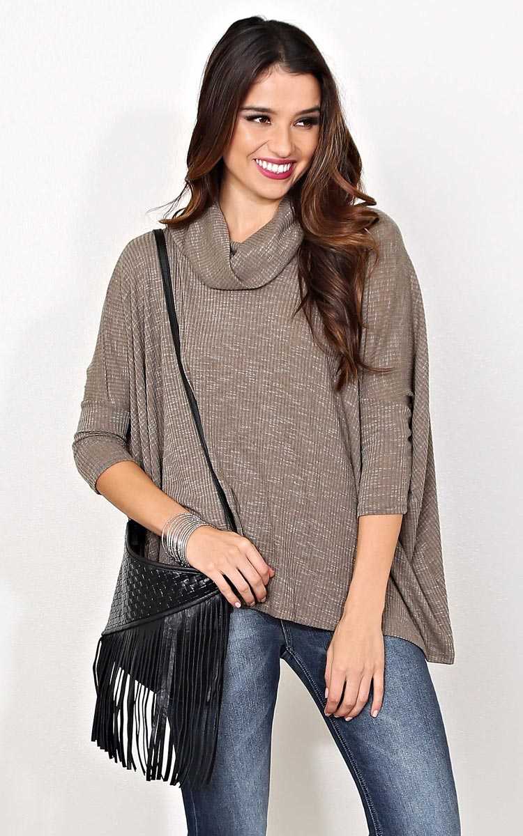 Fly With Me Cowl Knit Top - MED - Taupe in Size Medium by Styles For Less