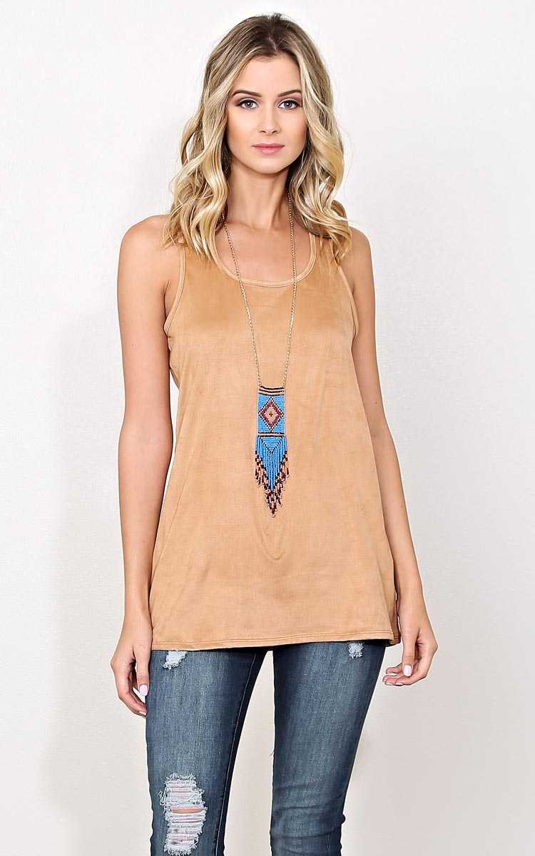 Montana Faux Suede Necklace Tank - - Camel in Size by Styles For Less