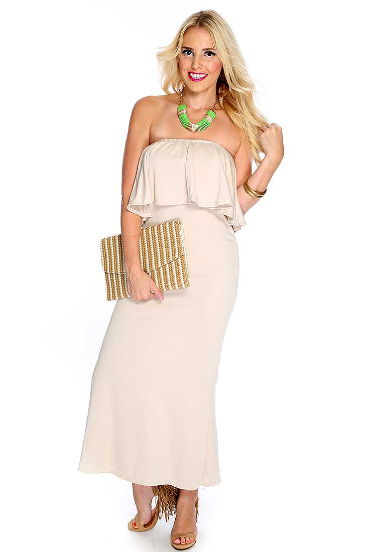 Casual Cute Beige Strapless Ruffle Detail Maxi Dress