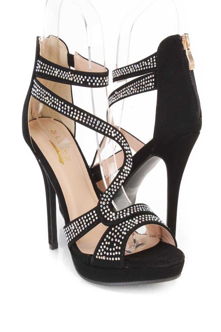 Black Rhinestone Peep Toe Ankle Strap Heels Nubuck