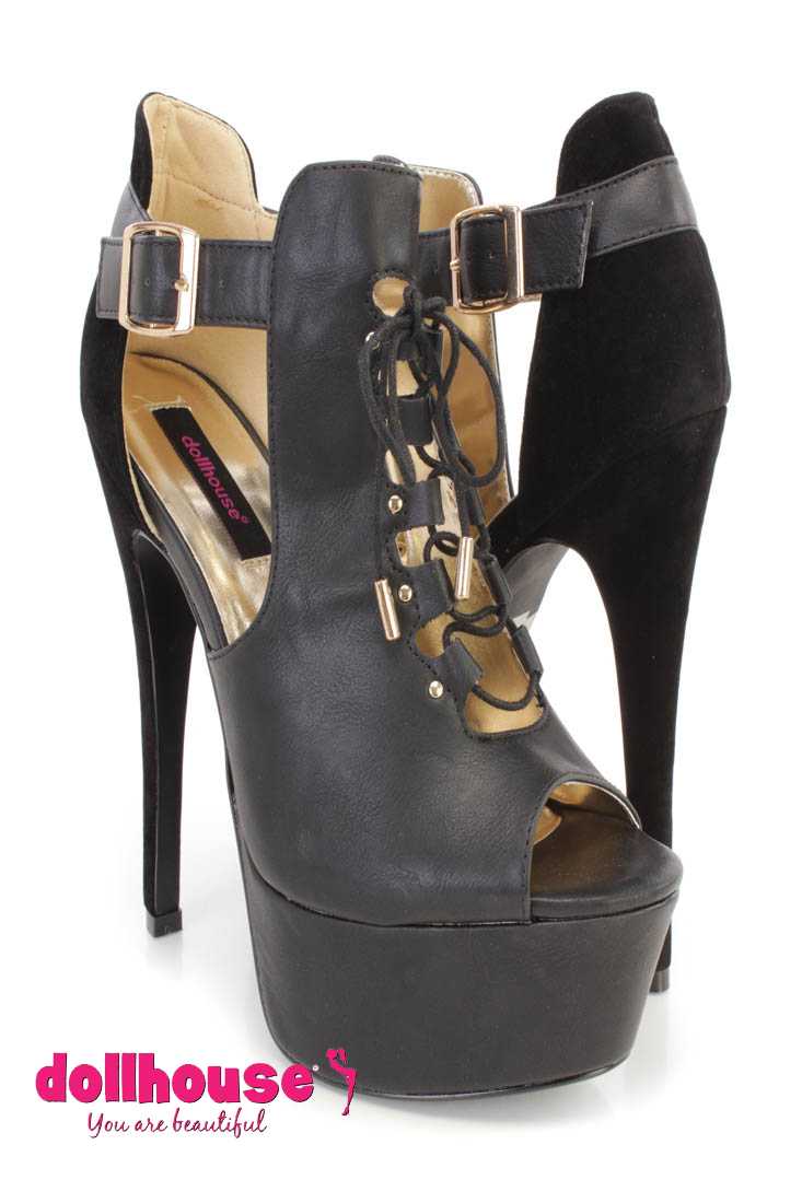 Black Lace Up Cut Out Ankle Booties Faux Leather