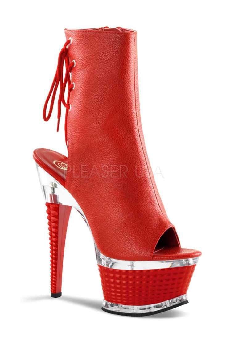 Red Open Toe Platform High Heels Faux Leather