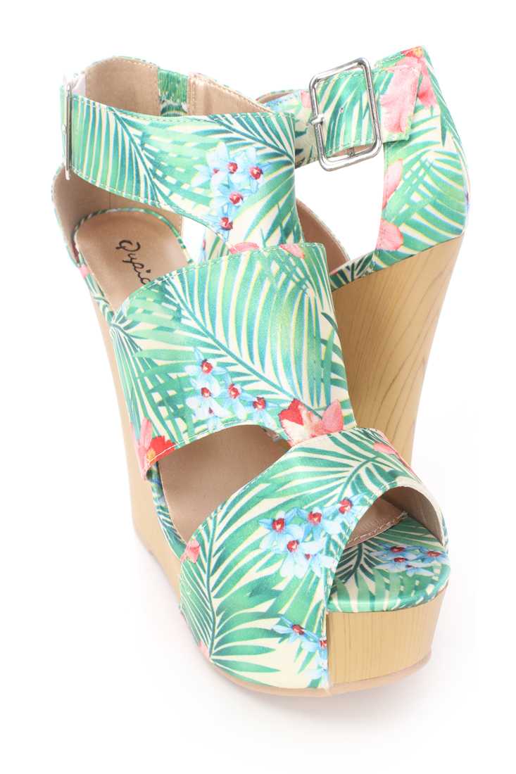 Green Printed Strappy Platform Wedges Satin