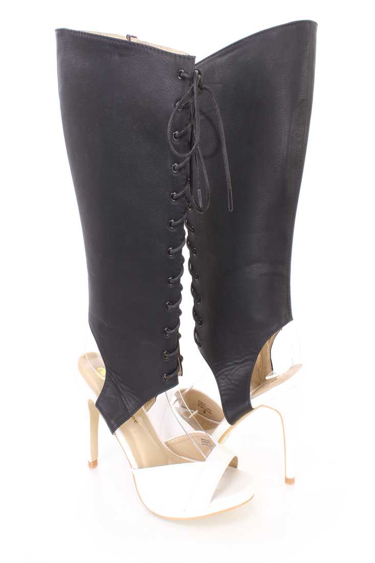 Black White Cut Out Peep Toe Lace Up Boots Faux Leather