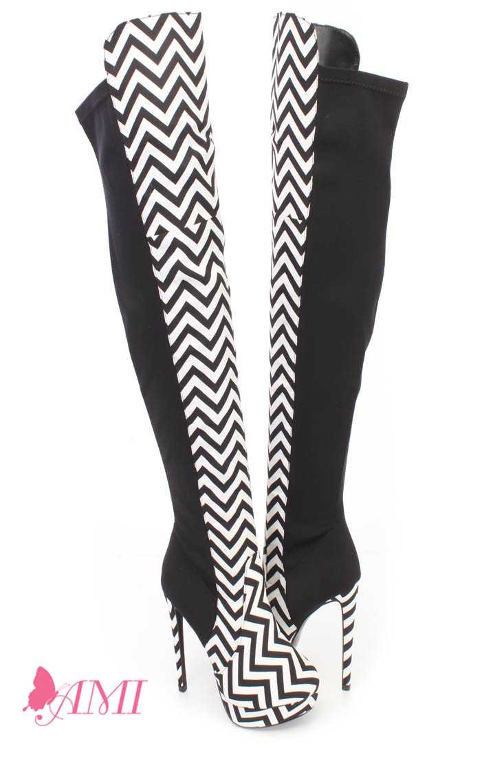 Black White Chevron Print Thigh High Platform High Heel Boots Fabric