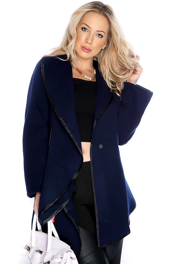 Navy Long Sleeve Asymmetrical Hem Coat