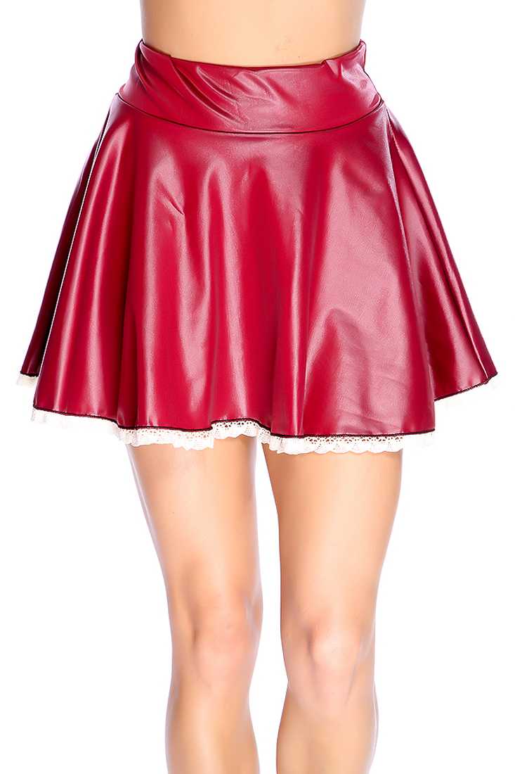 Wine Faux Leather Crochet Trim Skater Skirt