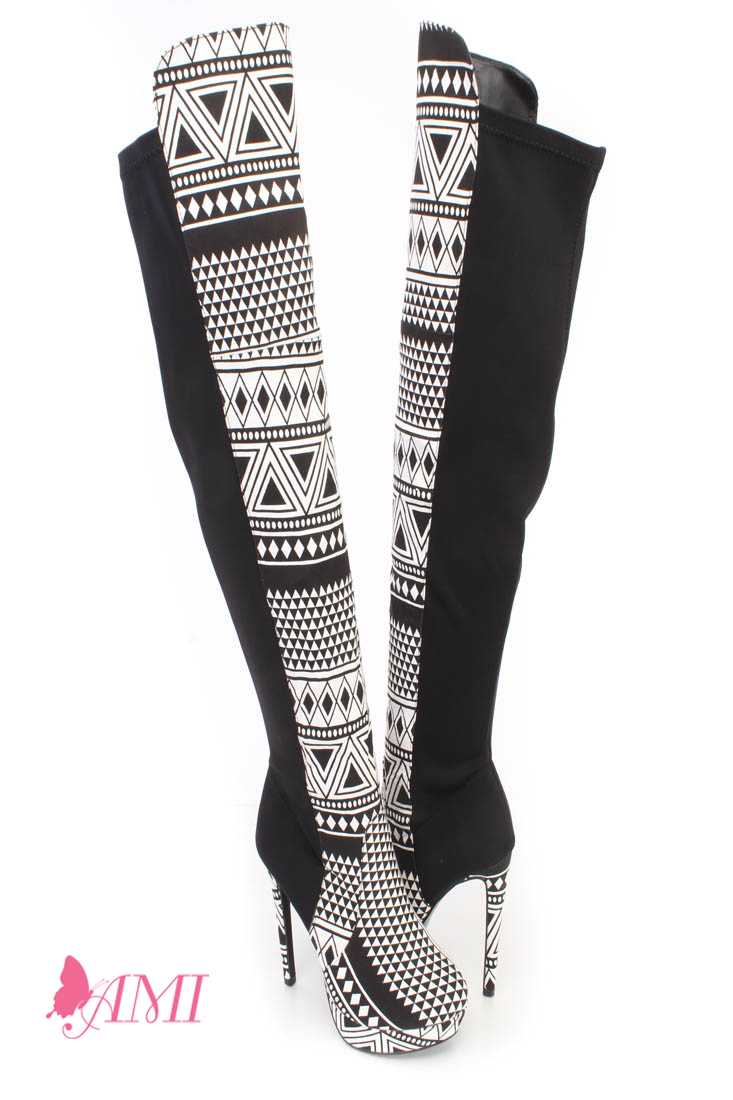 Black White Tribal Print Thigh High Platform High Heel Boots Fabric