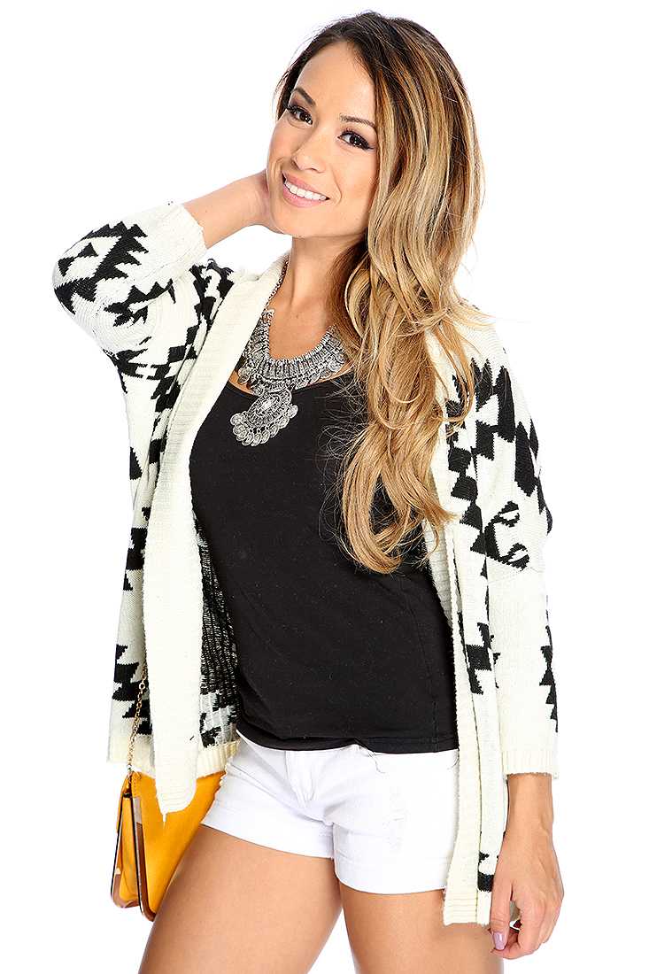 Ivory Black Knitted Tribal Open Front Cardigan