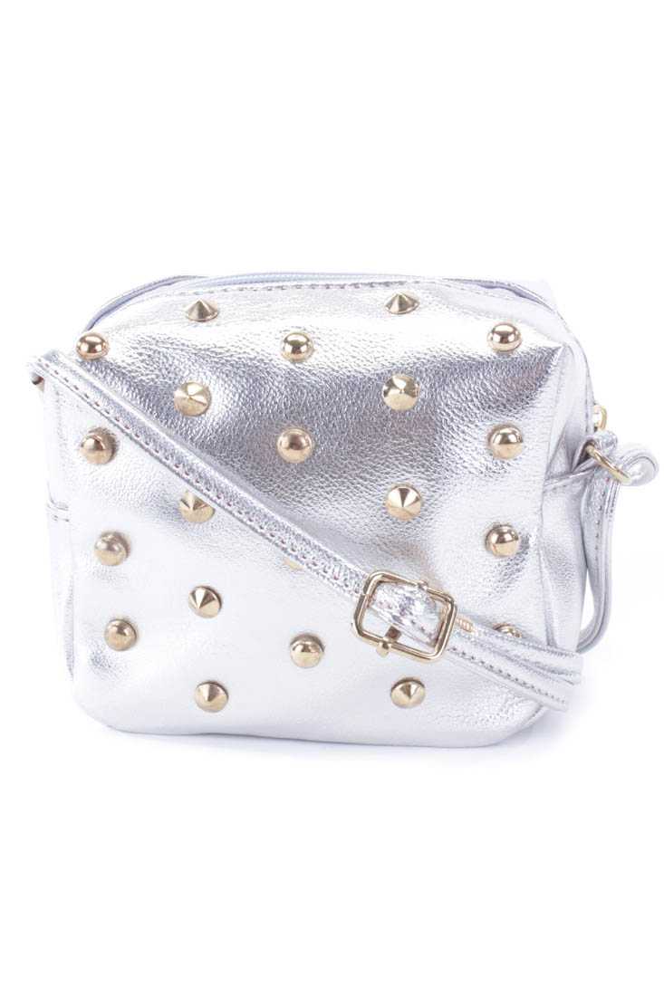 Metallic Silver Faux Leather Mini Studded Handbag