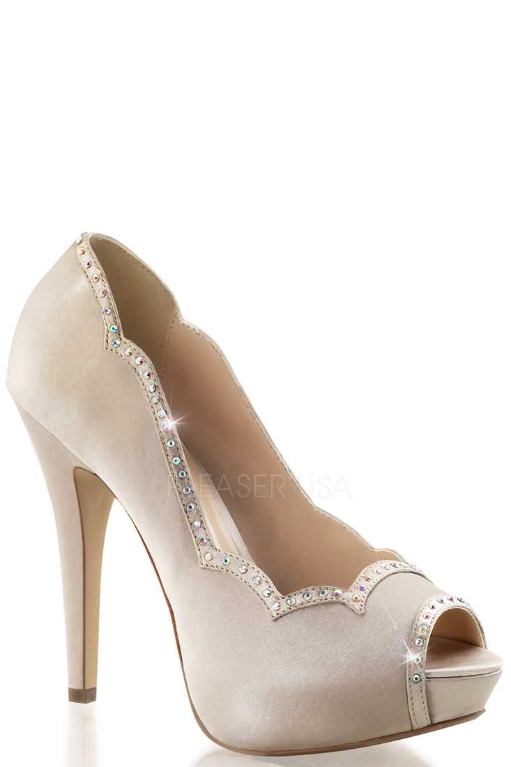 Champagne Rhinestone Scalloped Pump High Heels Satin