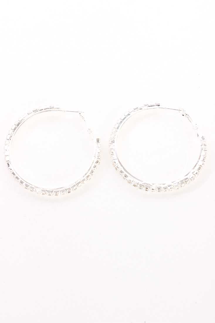 Silver Rhinestone Accent Thin Hoop Earrings