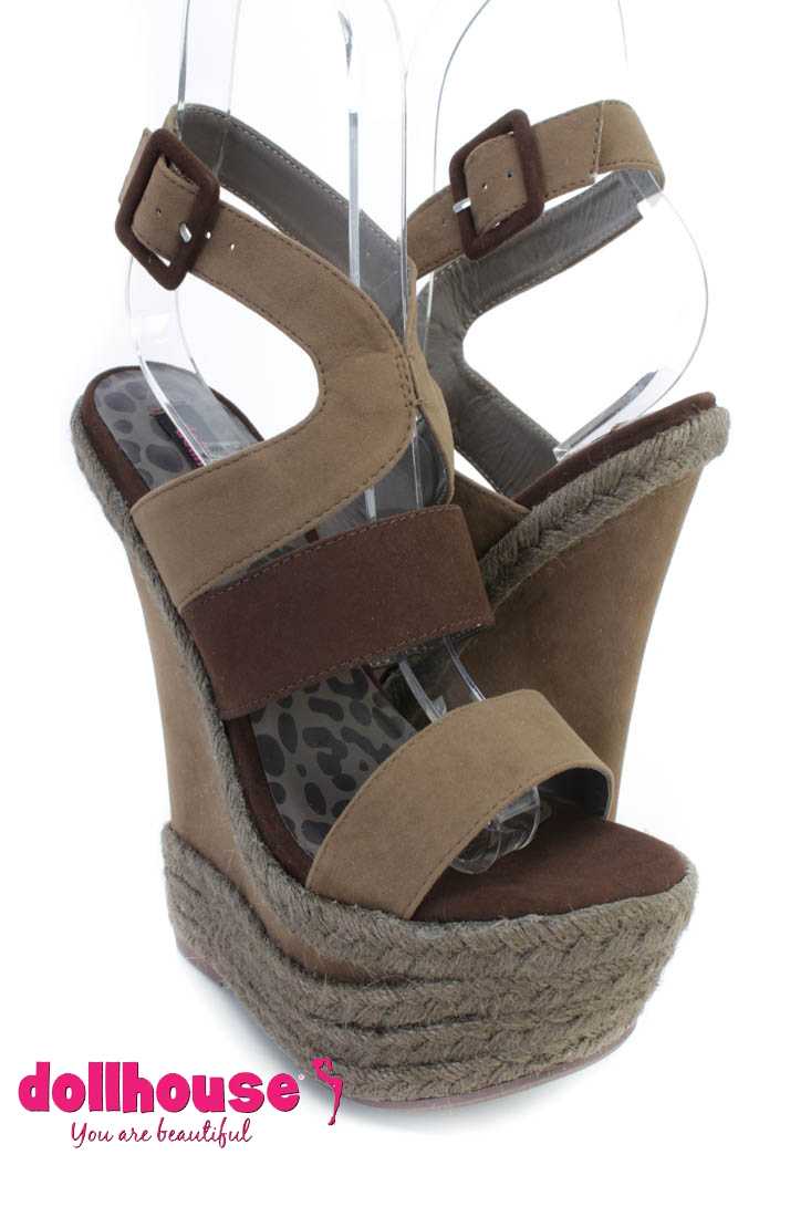 Taupe Strappy Cut Out Espadrille Wedges Faux Suede