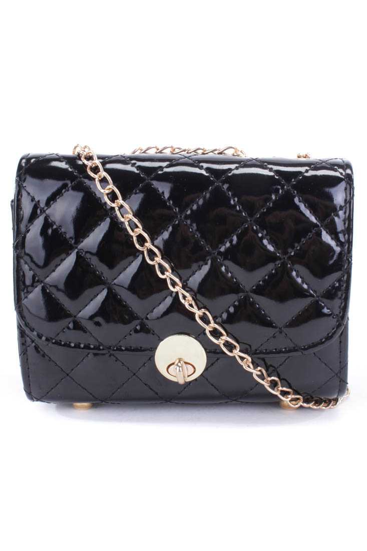 Black Patent Faux Leather Quilted Mini Handbag