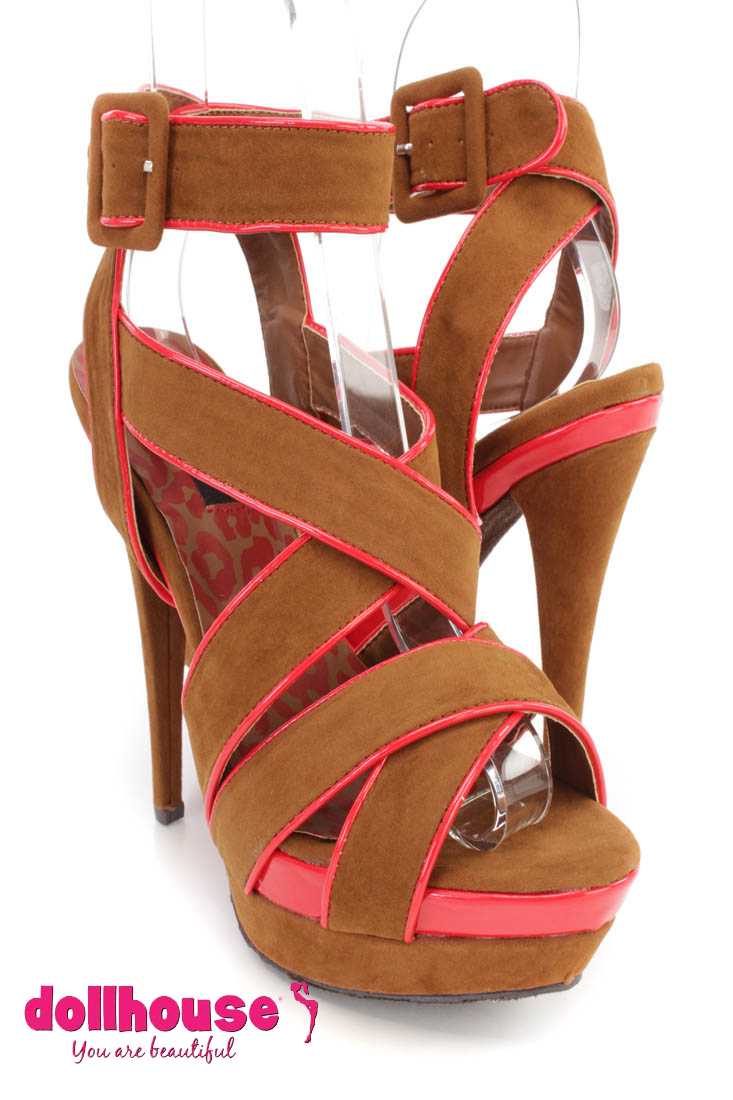 Chestnut Cross Strappy Platform High Heels Faux Suede